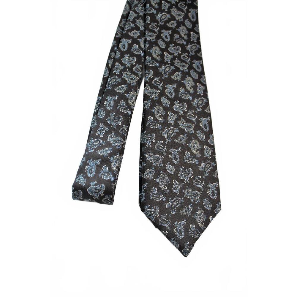 Vintage 60s AUSTIN MANOR 3 X 56 Polyester Necktie, Black w/ Blue & White Paisley